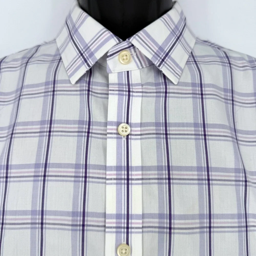 Banana Republic Mens L Non-Iron Tailored Slim Fit Purple White Plaid Dress Shirt